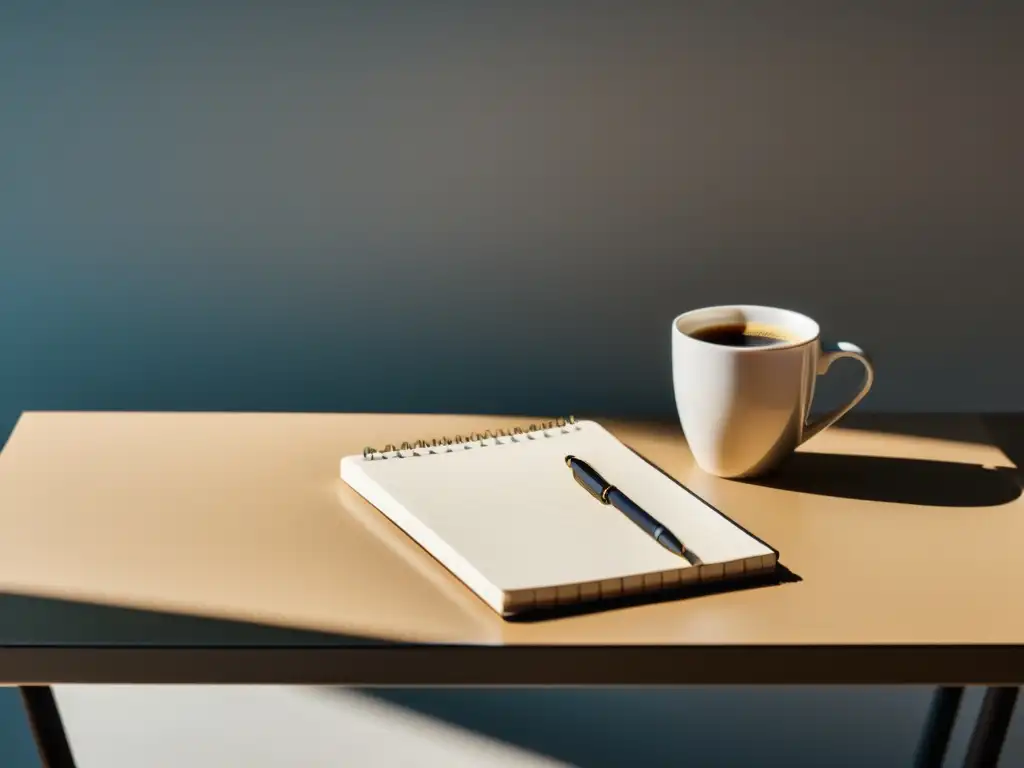 Escritorio minimalista con libreta en blanco, pluma y café