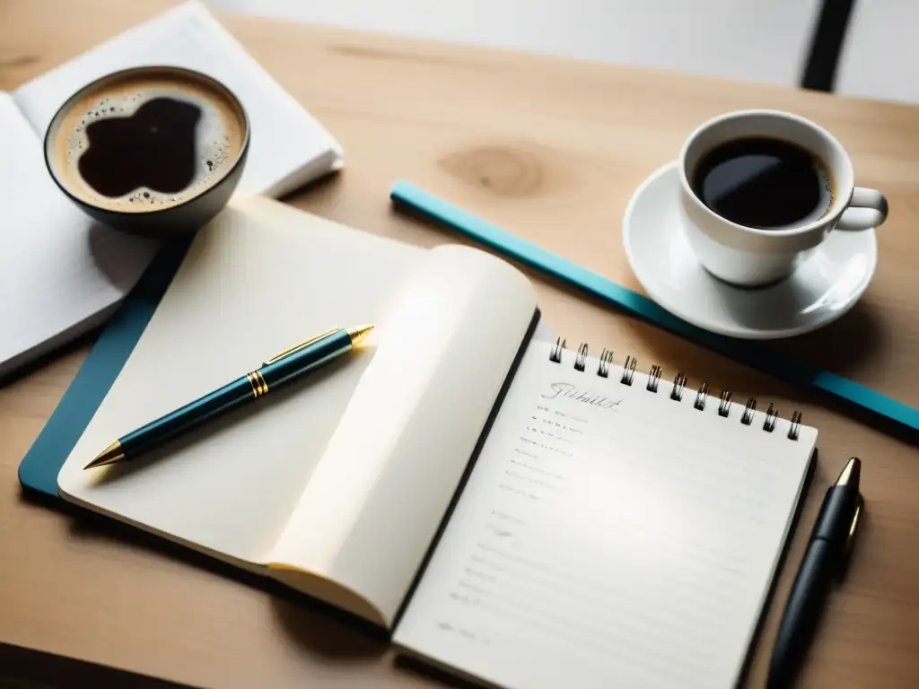 Escritorio minimalista con libreta, pluma y café, bañado en luz natural