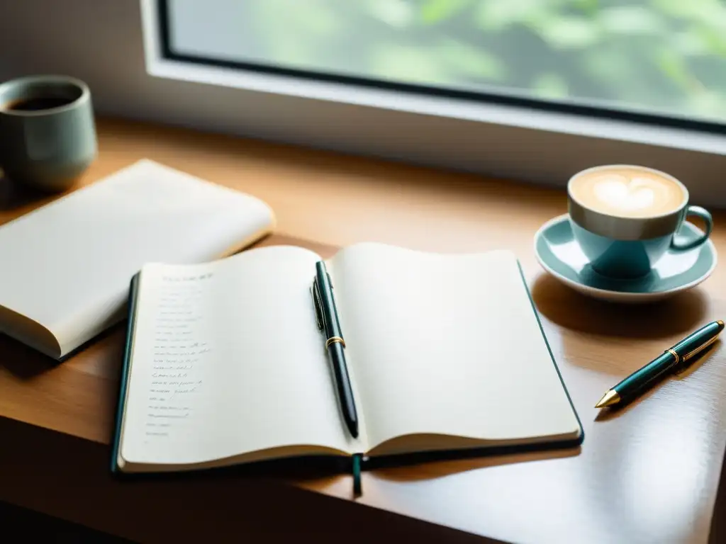 Escritorio minimalista con libreta, pluma y café, bañado en suave luz natural