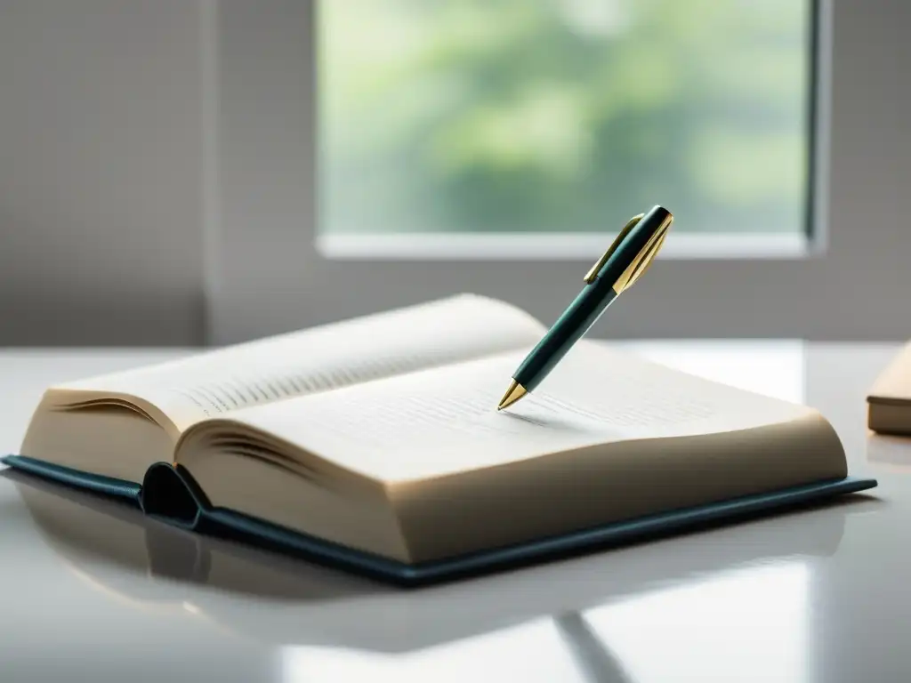 Un escritorio minimalista con un libro, una pluma y luz natural