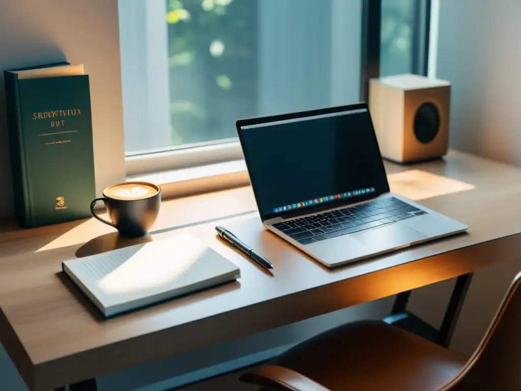 Un escritorio minimalista con libro de técnicas de escritura para guiones, laptop y café, bañado en luz natural serena