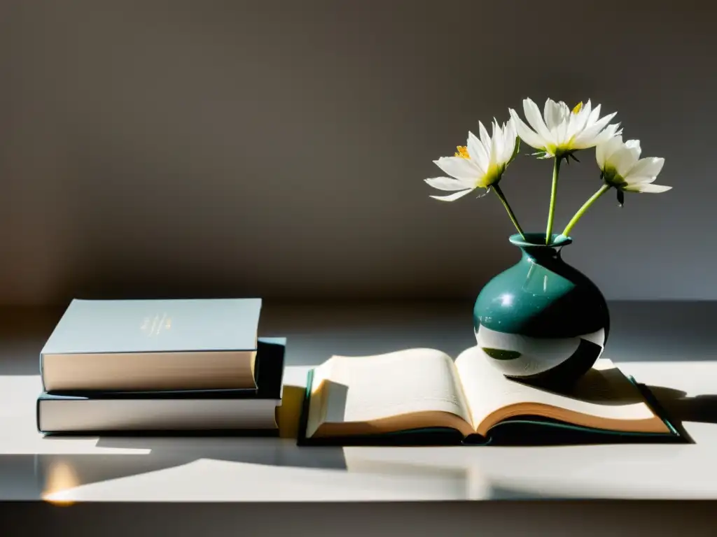 Escritorio minimalista con libros, portaplumas y flor en luz natural