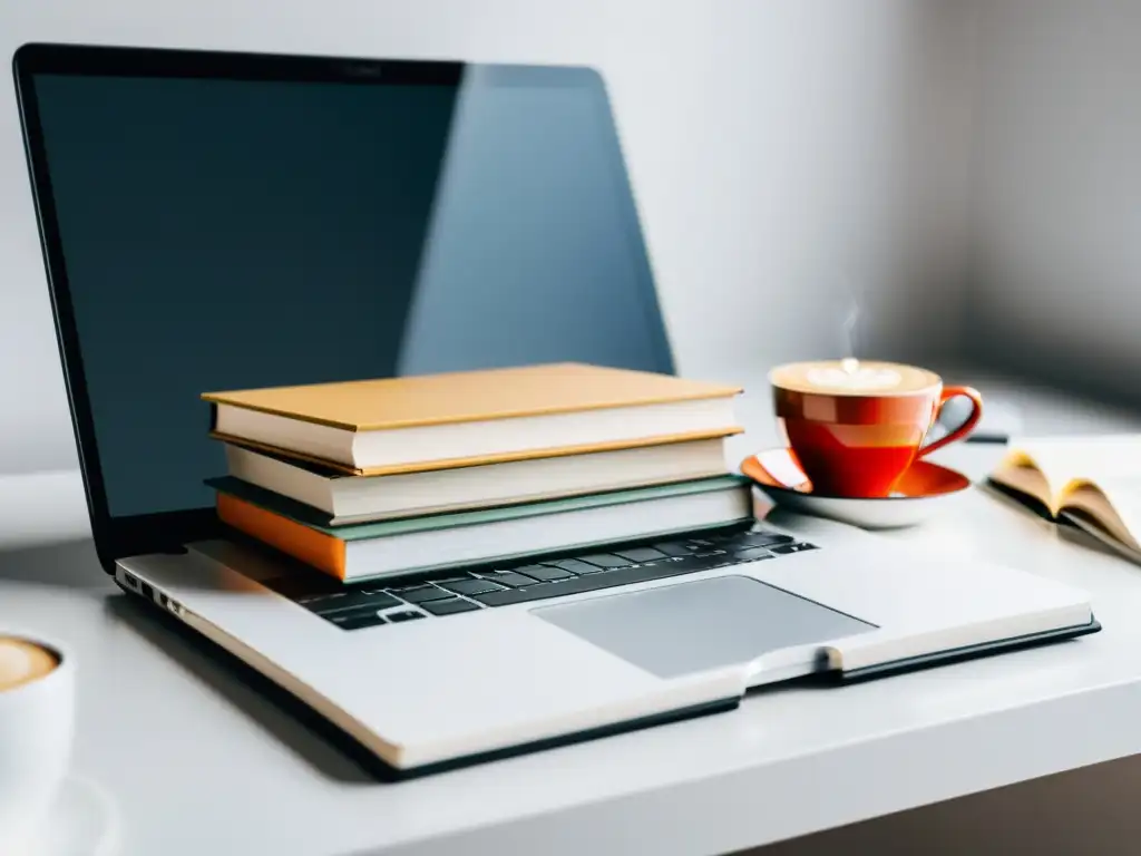 Un escritorio minimalista con libros, una laptop y una taza de café