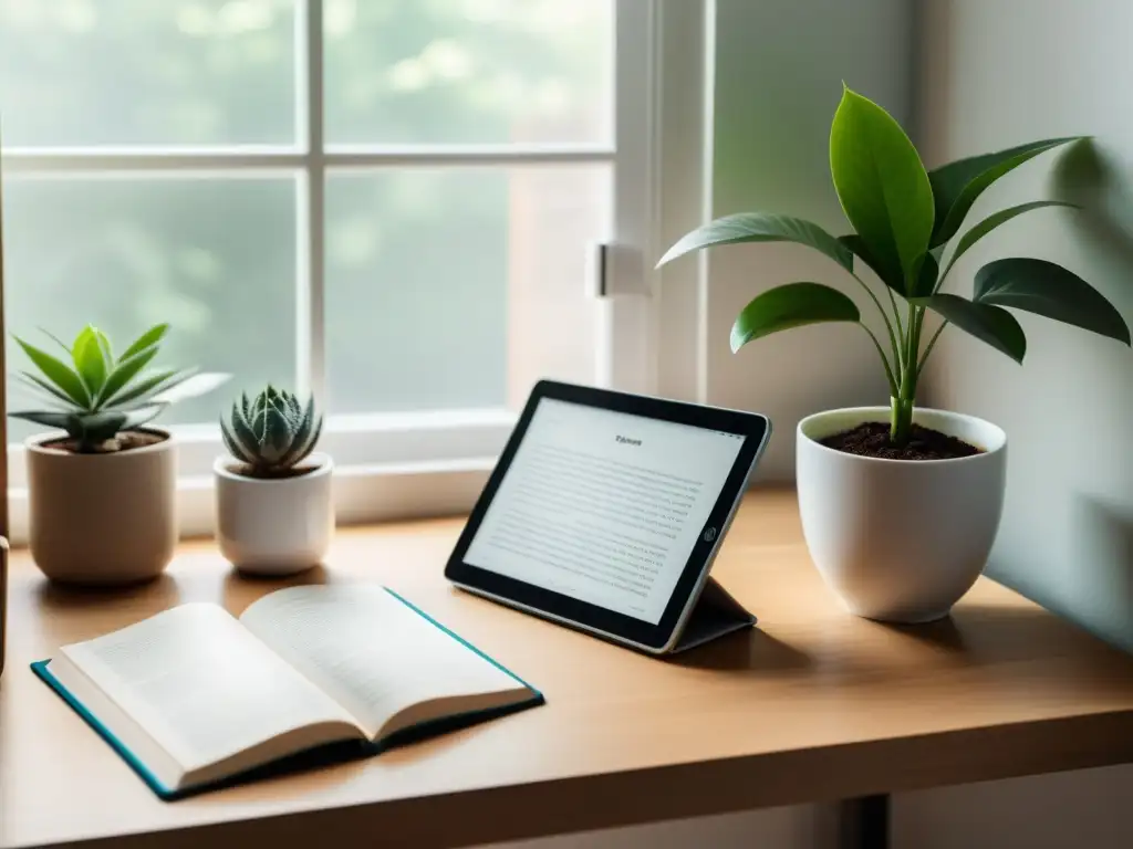 Escritorio minimalista con libros, tablet de aplicaciones resúmenes literarios estudios complementar, café y planta, bañados en suave luz natural