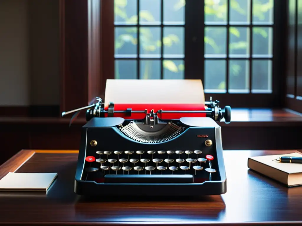 Un escritorio minimalista de madera oscura con una máquina de escribir vintage en el centro, iluminado por luz natural