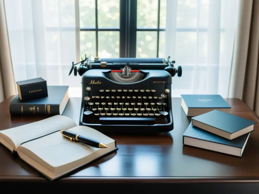 Escritorio minimalista con máquina de escribir vintage, libros de cuero y pluma elegante