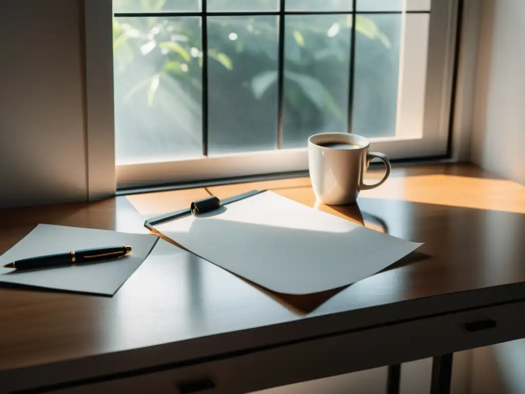 Escritorio minimalista con papel, bolígrafo y café, bañado en luz natural