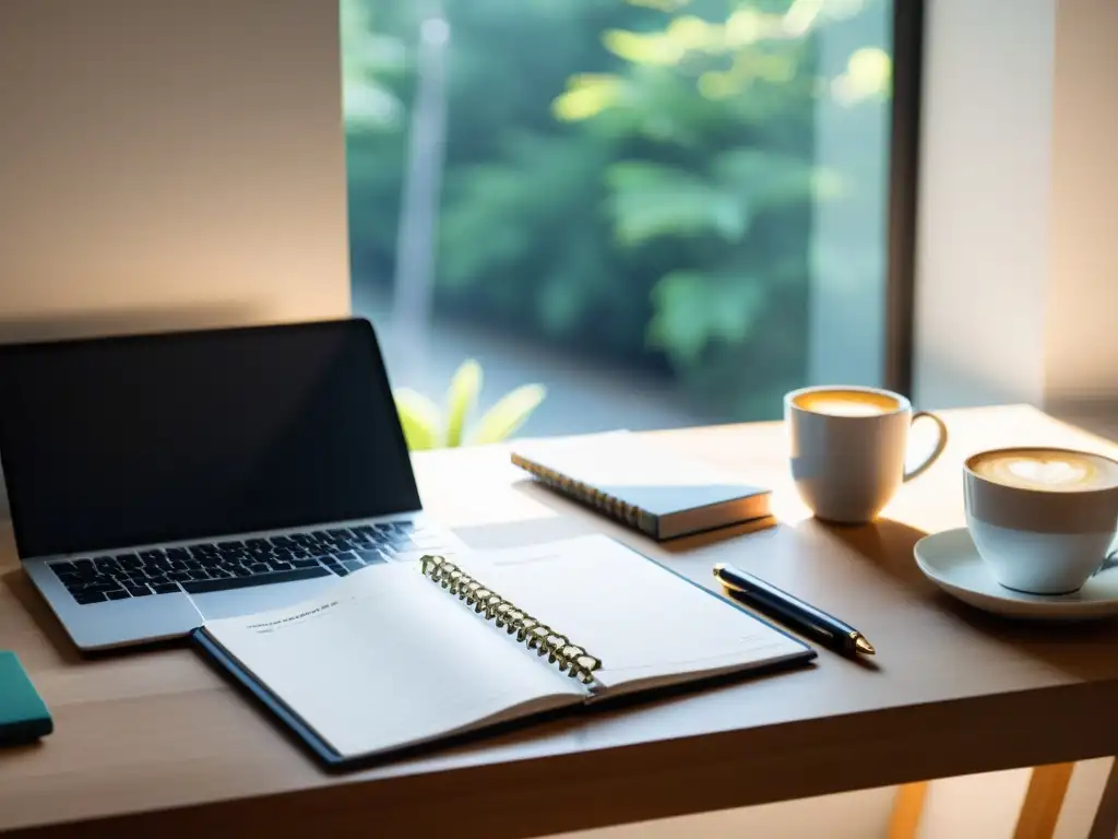 Un escritorio minimalista con planificador, café, portátil y libros, bañado en luz natural