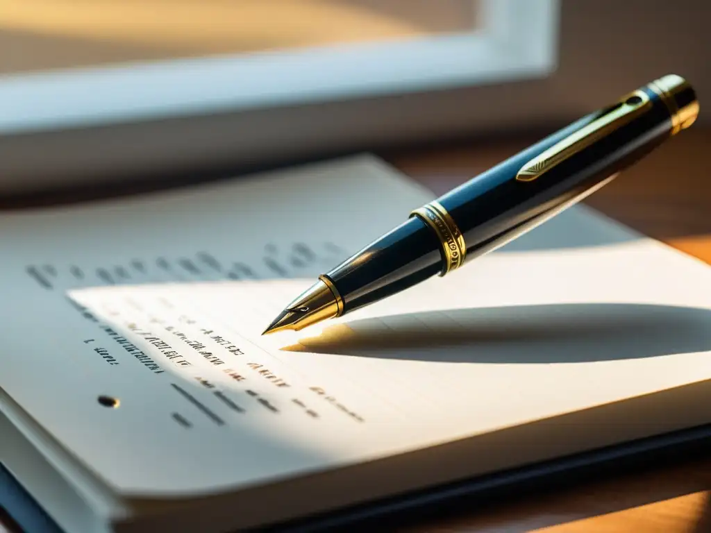 Un escritorio minimalista con una pluma fuente negra descansando sobre un cuaderno blanco, bañado en una cálida luz dorada