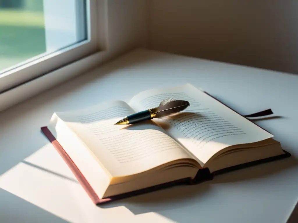 Un escritorio minimalista con pluma y libro abierto, iluminado por luz natural