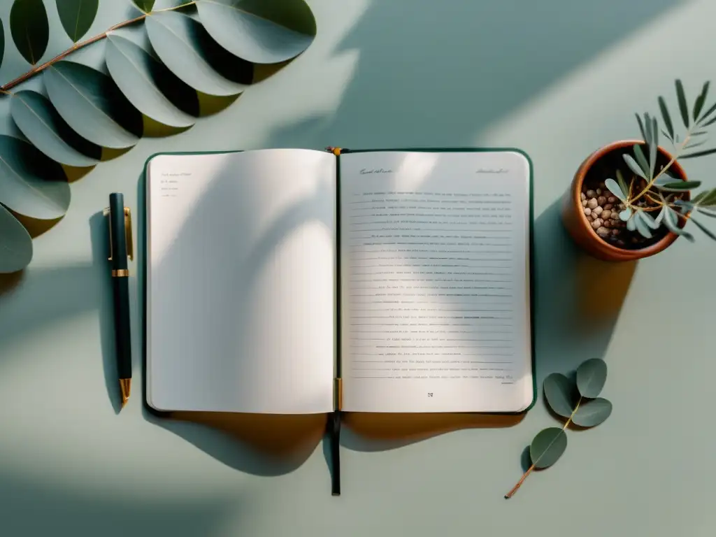 Escritorio minimalista con poesía a mano, pluma y eucalipto