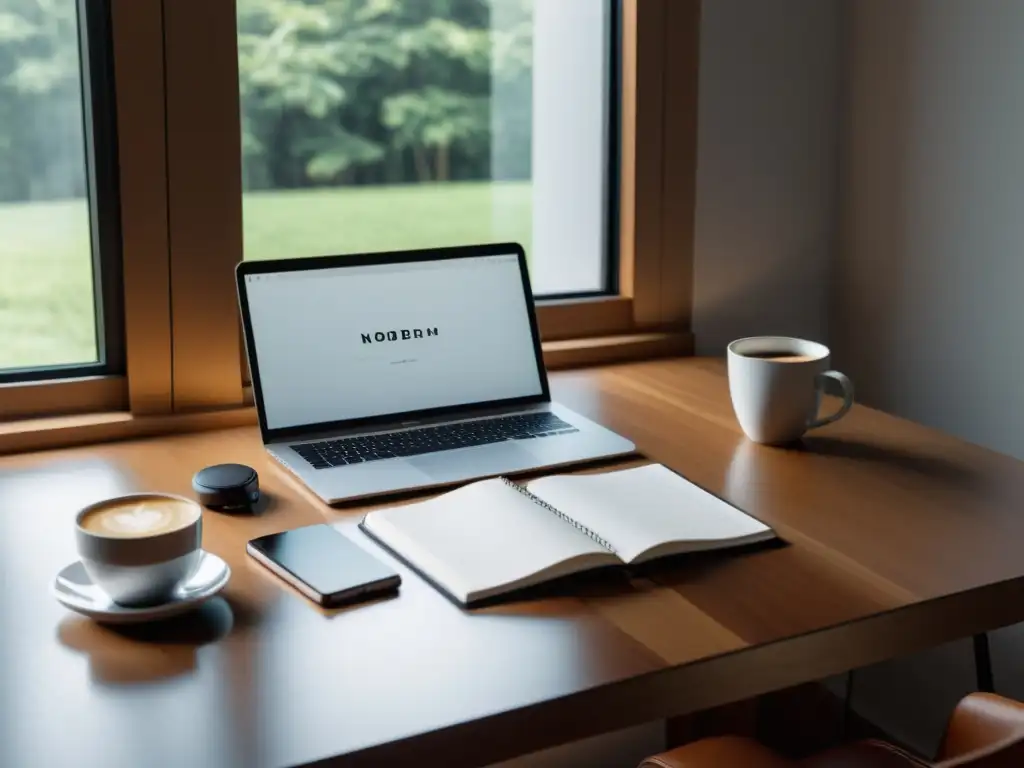 Escritorio minimalista con temporizador digital, libreta, café y laptop en luz natural, ideal para técnicas literarias para sesiones de escritura