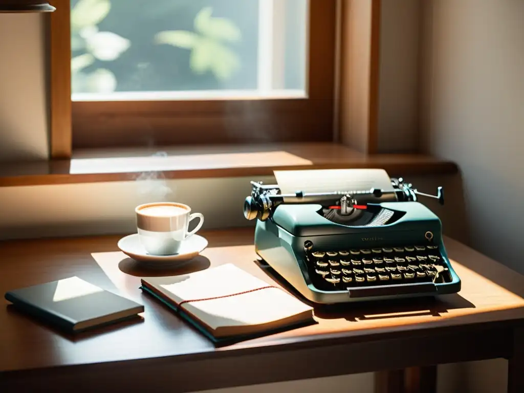 Escritorio moderno con libros, máquina de escribir y café Escritorio moderno y acogedor con libros, máquina de escribir vintage y café, ideal para técnicas de marketing literario exitosas