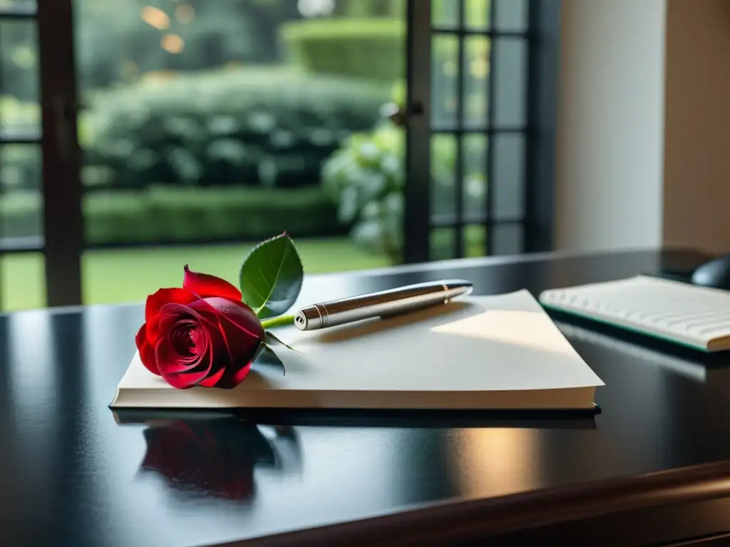 Escritorio moderno bañado en luz natural con un cuaderno blanco, una pluma plateada y una rosa roja