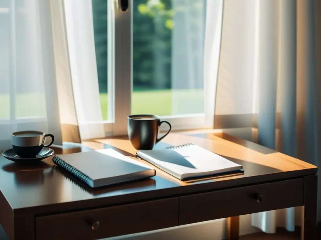 Escritorio moderno con cuaderno en blanco, pluma pulida y café humeante, bañado en luz natural