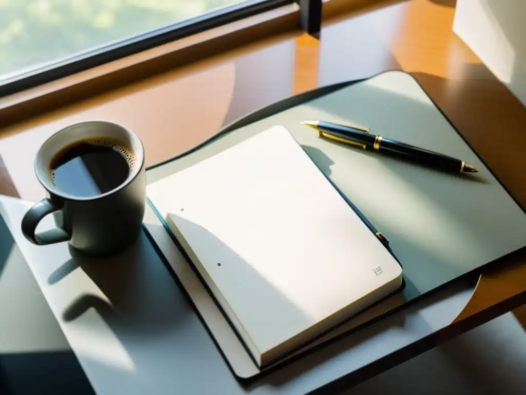 Un escritorio moderno con cuaderno en blanco, pluma y café