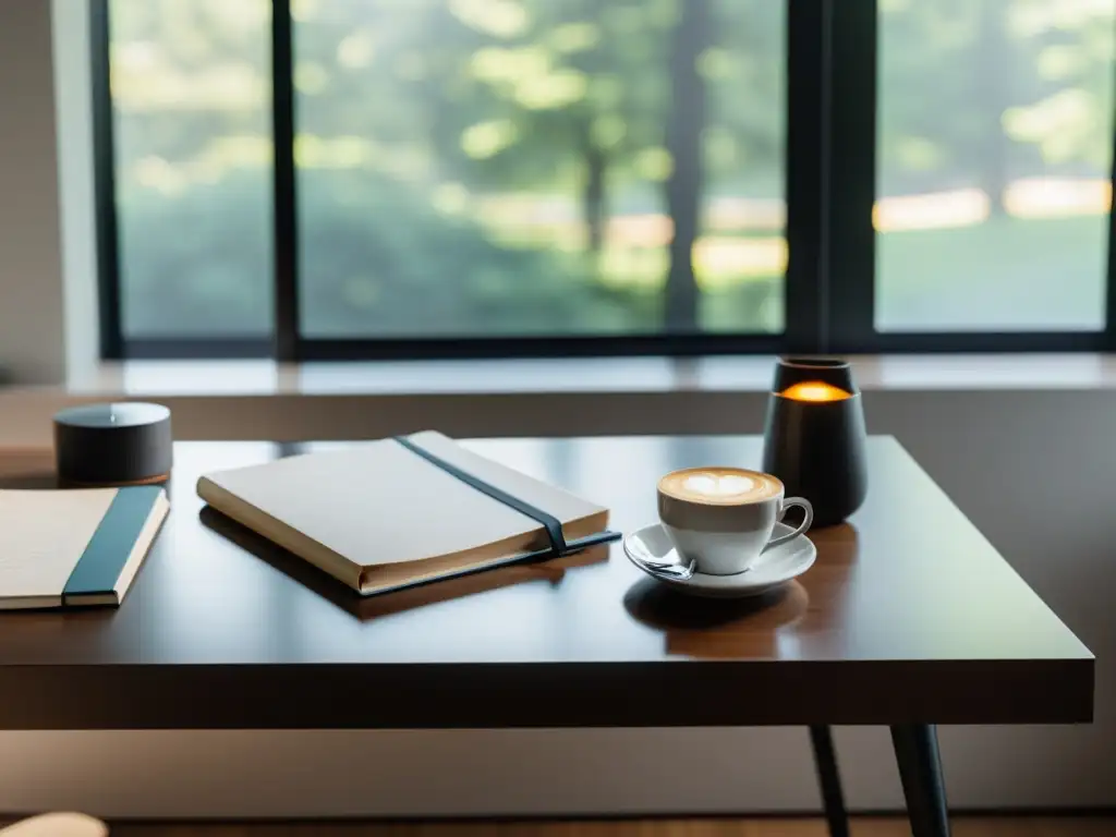 Escritorio moderno con cuaderno, café y gafas