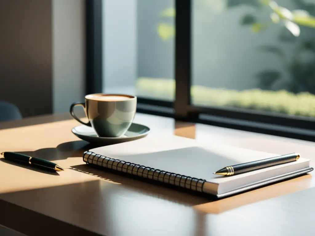 Escritorio moderno con cuaderno, pluma y café