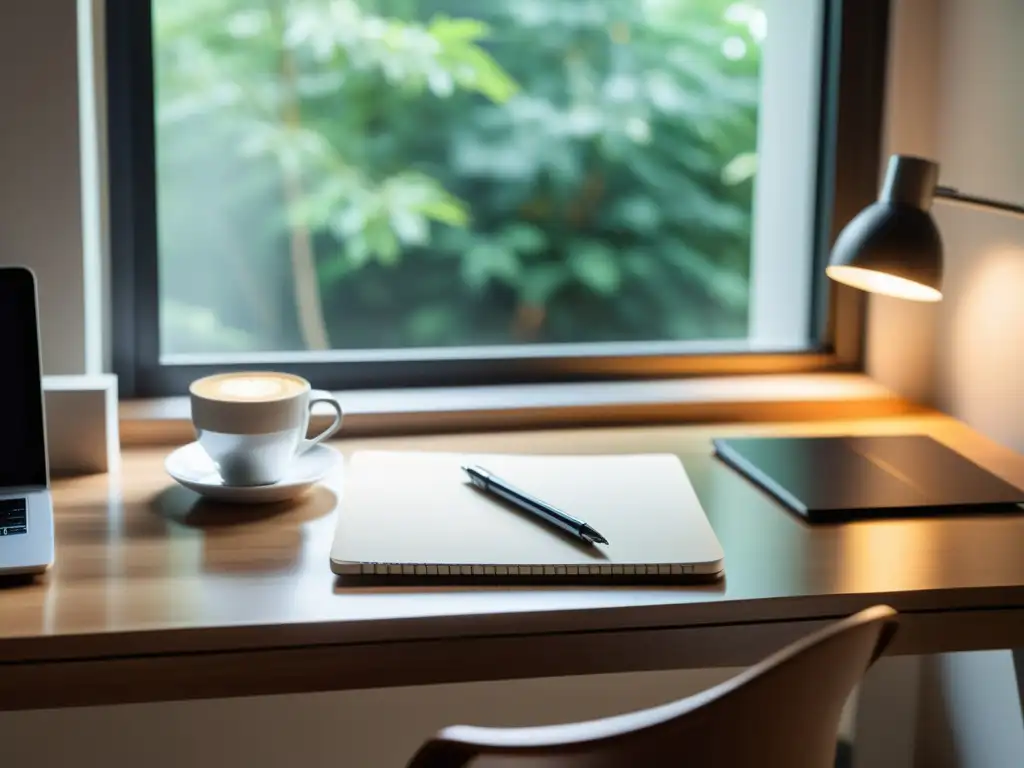 Escritorio moderno con laptop, cuaderno y café, bañado en luz natural