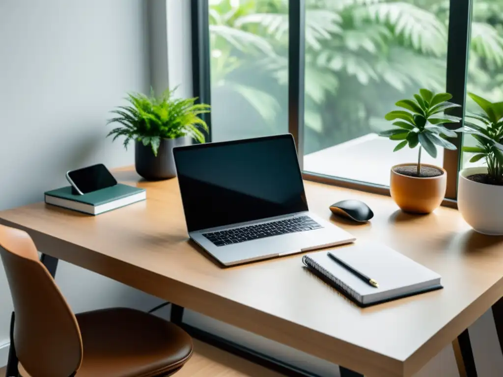 Escritorio moderno con laptop, cuaderno, café y plantas, ideal para técnicas de publicación para autores independientes