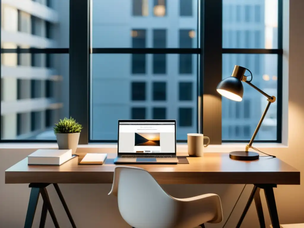 Escritorio moderno con laptop, libros y lámpara, iluminado por luz natural