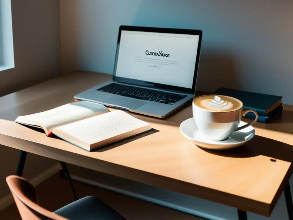 Un escritorio moderno con laptop, libros y café, iluminado por luz natural