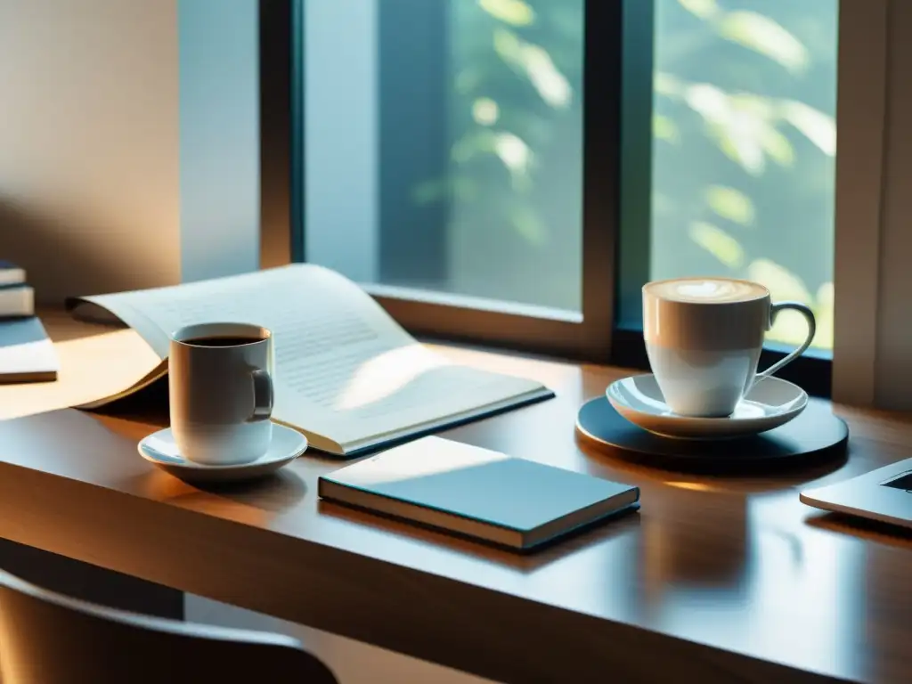 Un escritorio moderno con laptop, café y manuscritos organizados, bañado en luz natural