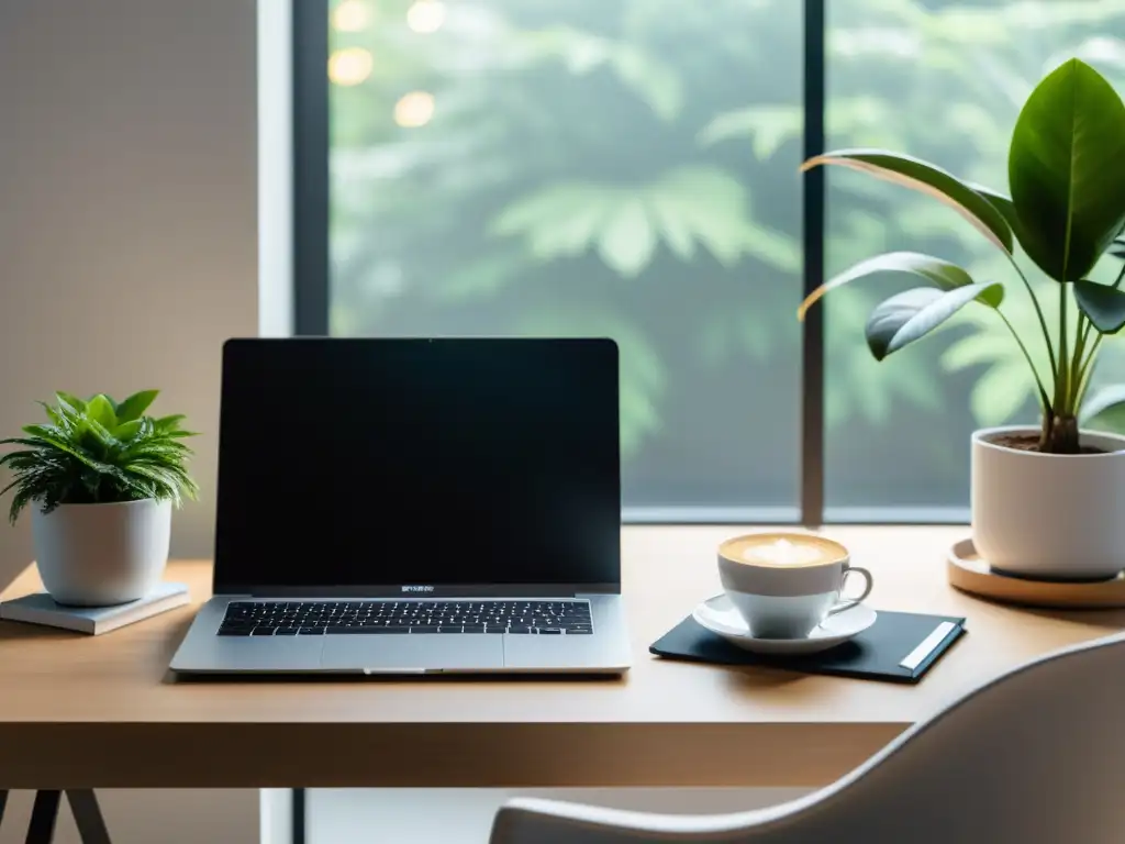 Escritorio moderno con laptop, café y plantas, reflejando profesionalismo y productividad