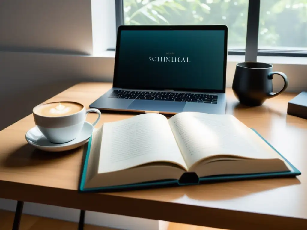 Un escritorio moderno con libros de poesía autoeditados, laptop y café, bañado en luz natural