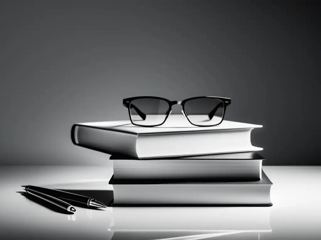 Escritorio moderno con libros en blanco, pluma y gafas