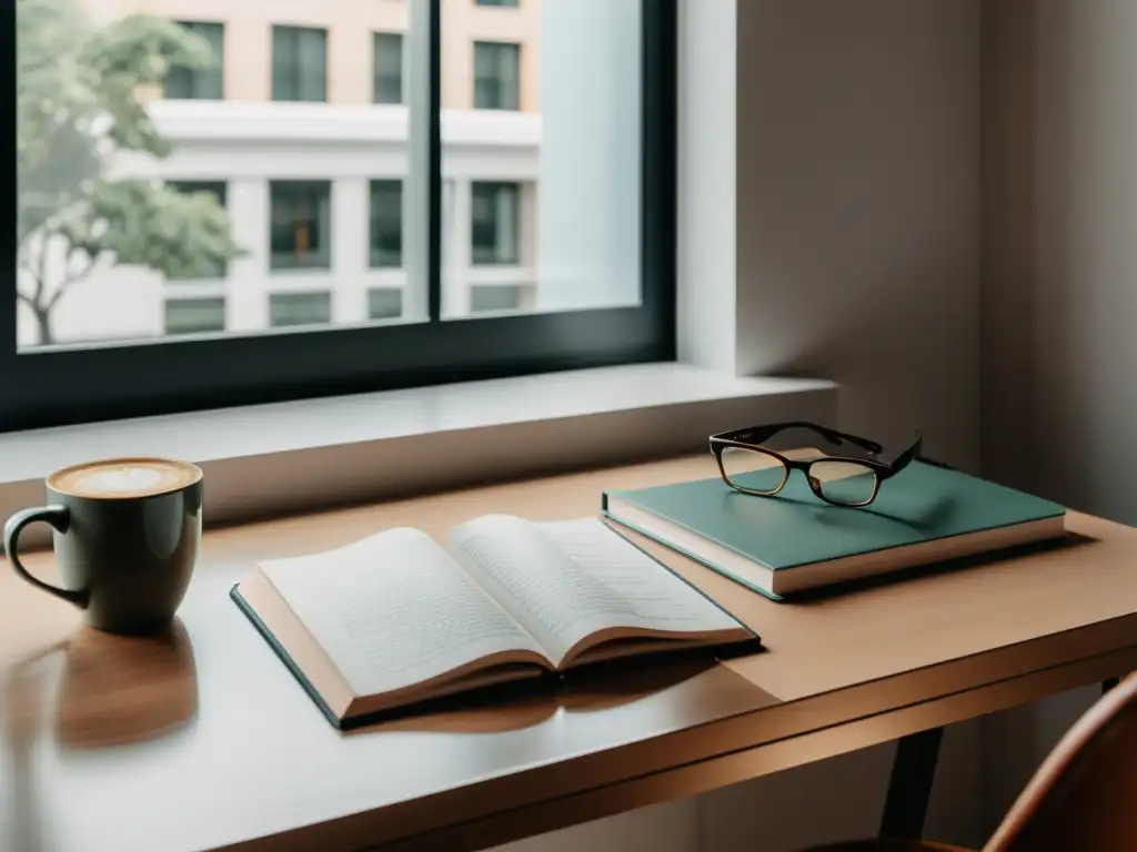 Escritorio moderno con libros clásicos, laptop y gafas, iluminado por luz natural