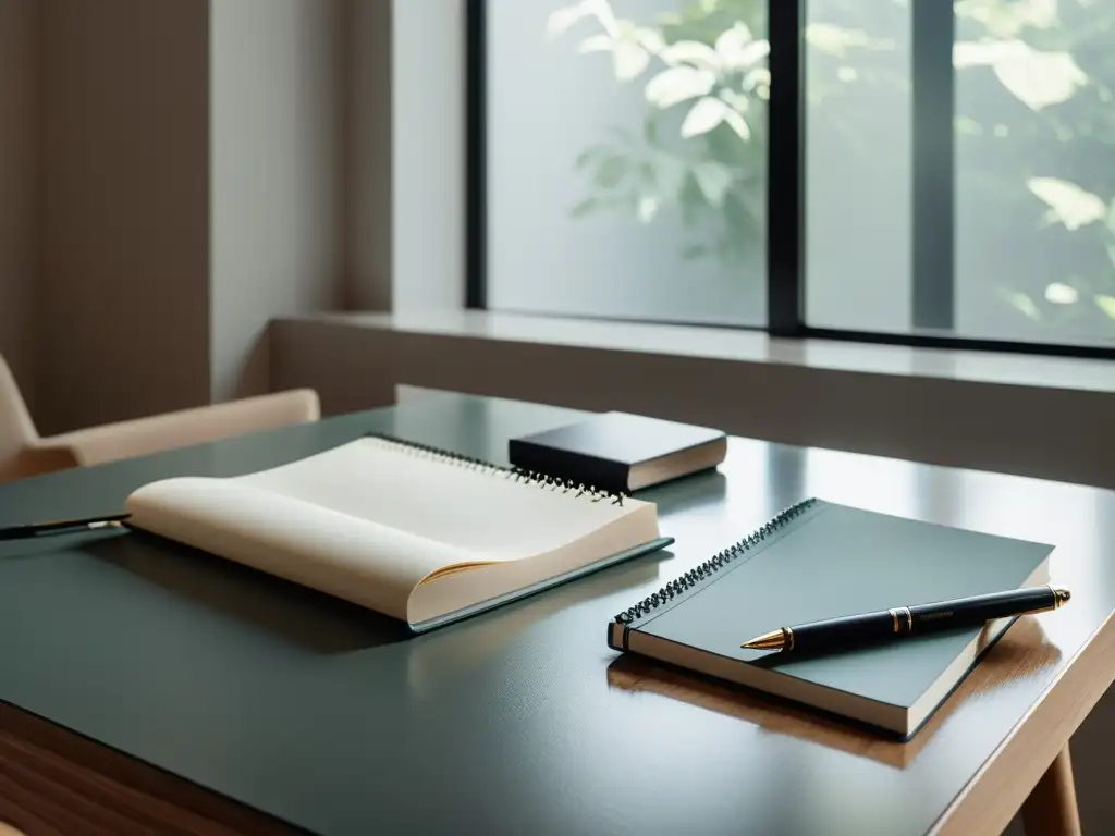 Un escritorio moderno con libros ordenados, una libreta y un bolígrafo, bañado en luz natural