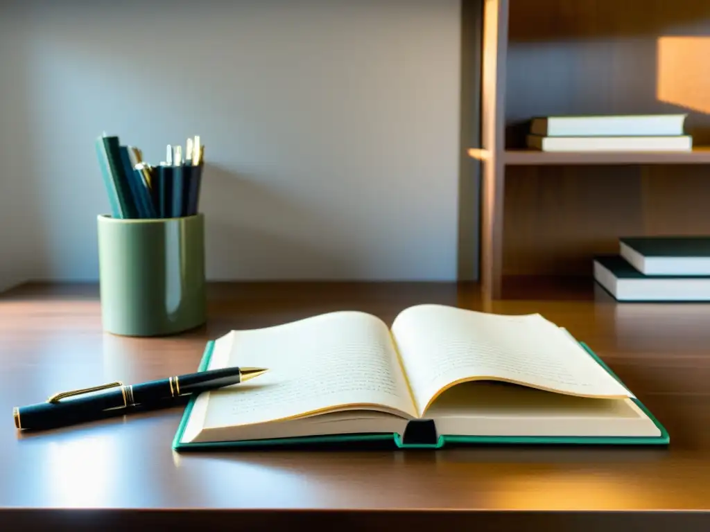 Un escritorio moderno con libros organizados y un cuaderno en blanco, bañado por luz natural