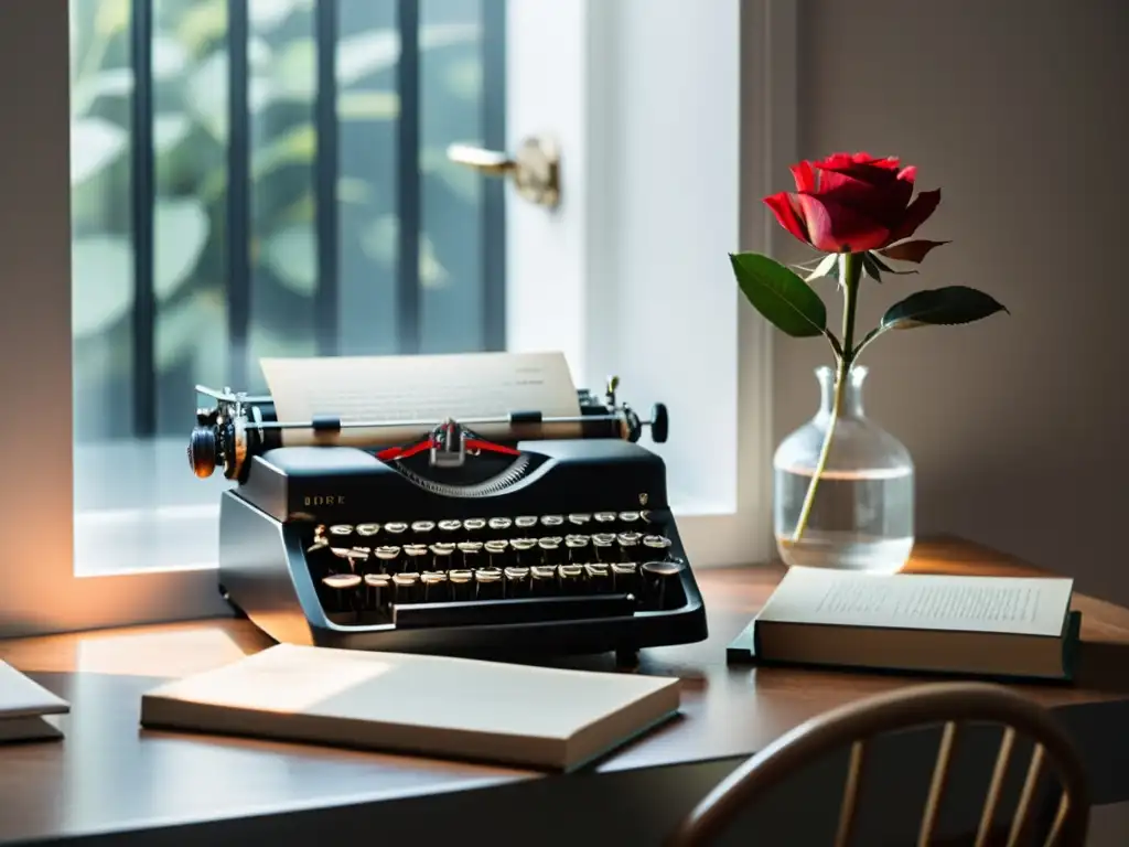 Escritorio moderno con libros de poesía, máquina de escribir, y una rosa roja