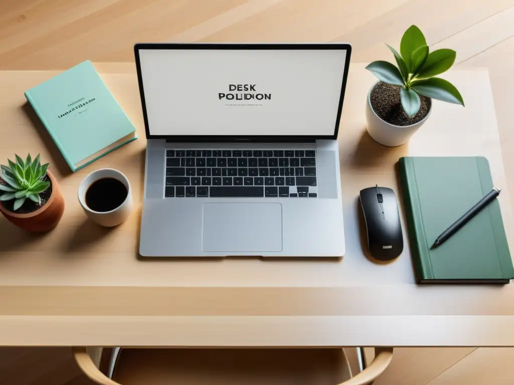 Un escritorio moderno de madera clara con libros, laptop y planta