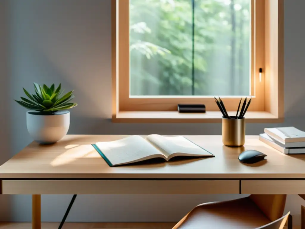 Un escritorio moderno de madera clara con herramientas de escritura y publicación, bañado en luz natural