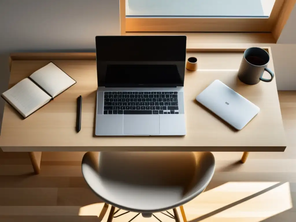 Un escritorio moderno de madera clara con laptop, teclado inalámbrico y cuaderno