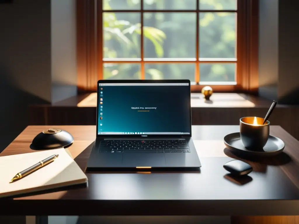 Un escritorio moderno de madera oscura con laptop, bloc de notas y pluma