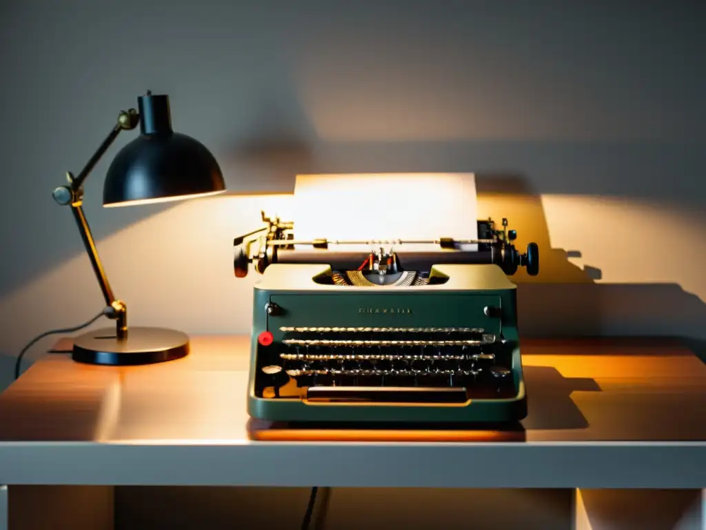 Escritorio moderno con máquina de escribir vintage iluminado por luz natural, evocando formas clásicas poesía contemporánea