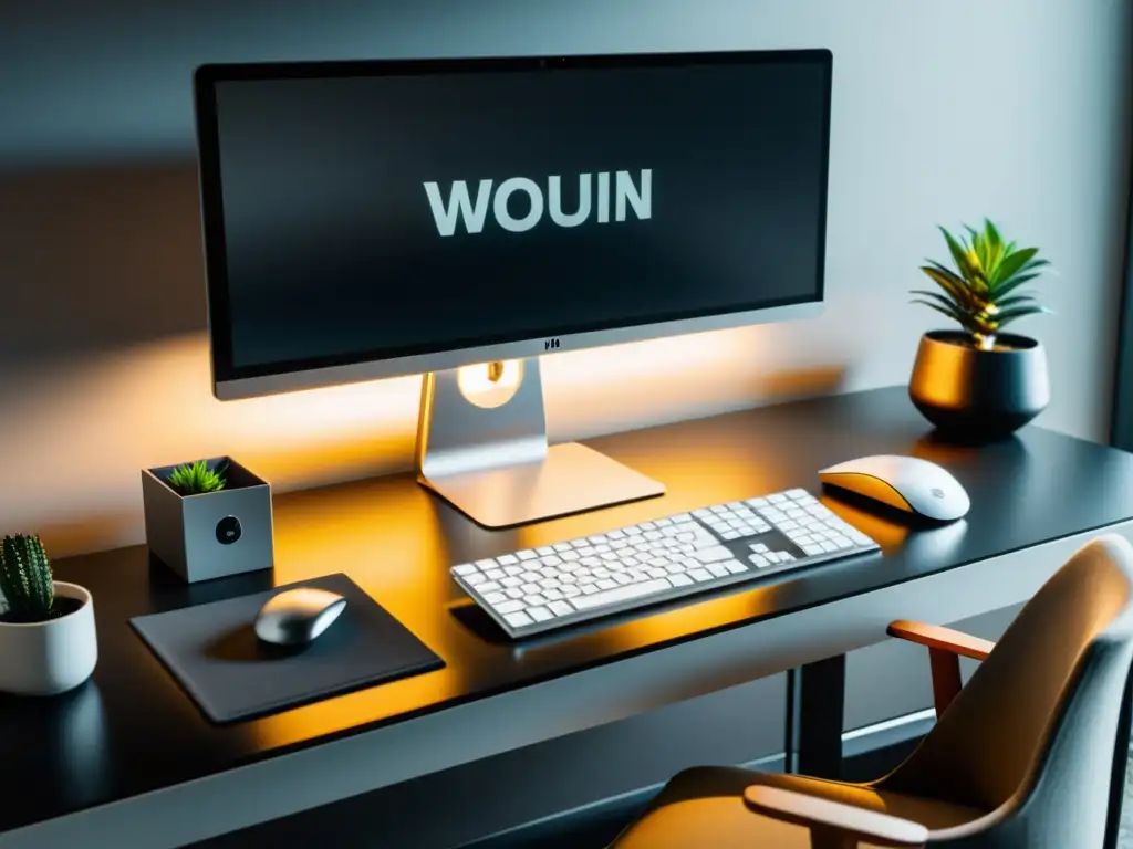 Elegante escritorio moderno para escritores: productividad y tecnología Un escritorio moderno y minimalista con un teclado inalámbrico, un monitor de alta resolución y una lámpara elegante iluminando una interfaz de software especializado en escritura evolución