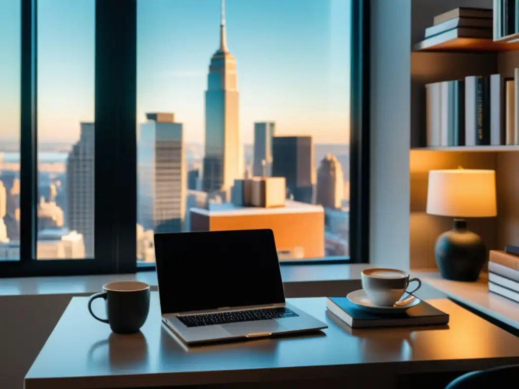 Oficina minimalista con vista a la ciudad para proyectos transmedia Escritorio moderno en una oficina con laptop, libreta y café, bañado por luz natural
