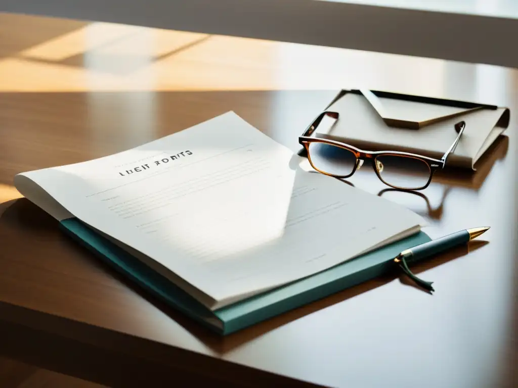 Un escritorio moderno y ordenado con formularios de concurso literario, pluma y gafas, bañado en suave luz natural