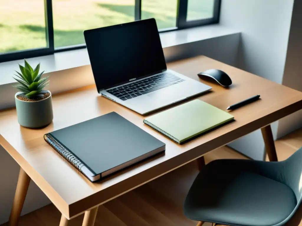 Escritorio moderno y ordenado con laptop, cuaderno y papelería elegante, bañado por suave luz natural