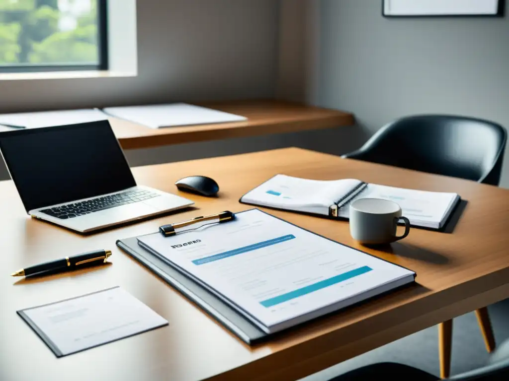 Escritorio moderno y organizado con informes, laptop y pluma elegante