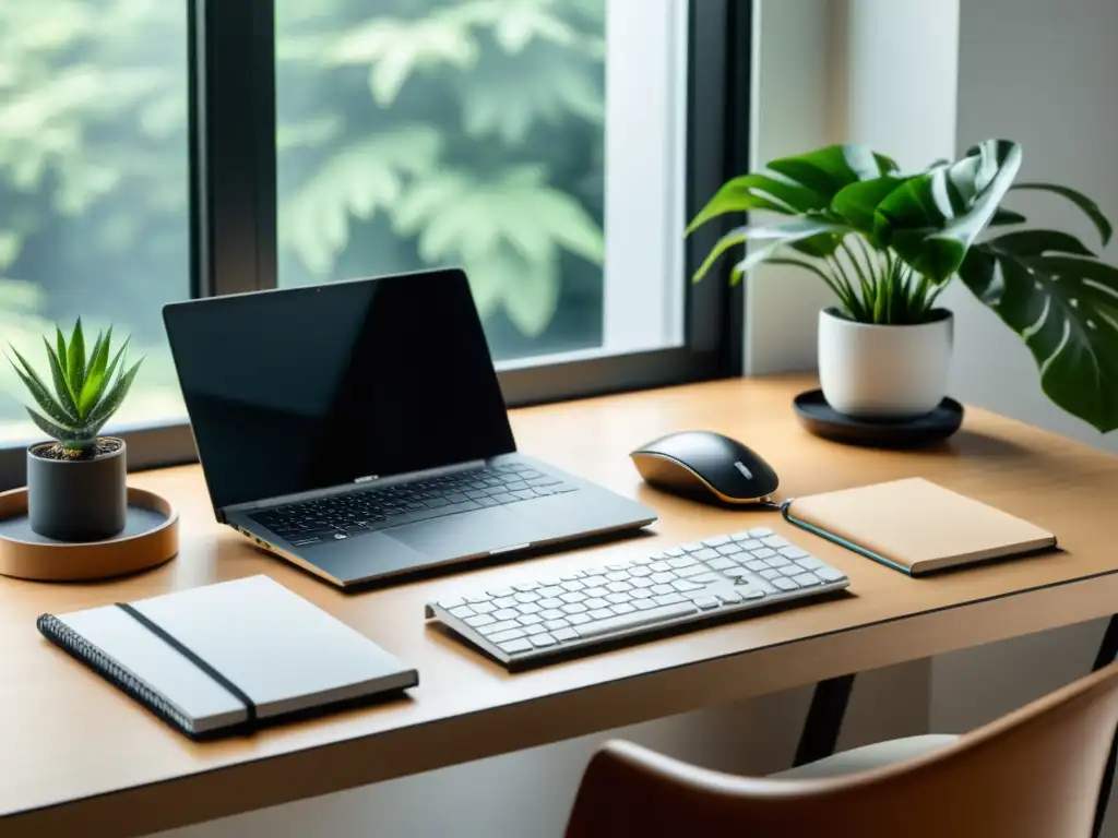 Escritorio moderno y organizado con laptop, teclado ergonómico y cuaderno, bañado por luz natural