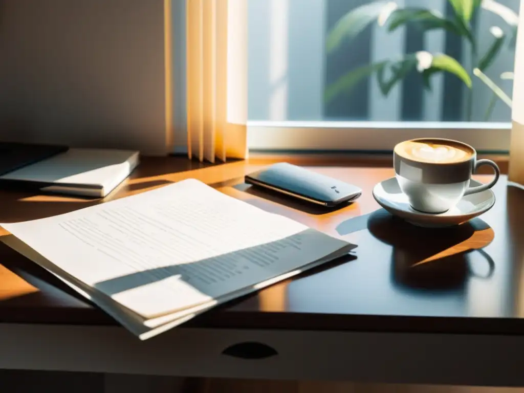 Escritorio moderno con papeles, laptop y café cerca de ventana iluminada