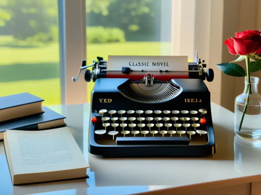 Un escritorio negro con libros clásicos, una máquina de escribir y una rosa roja en un jarrón