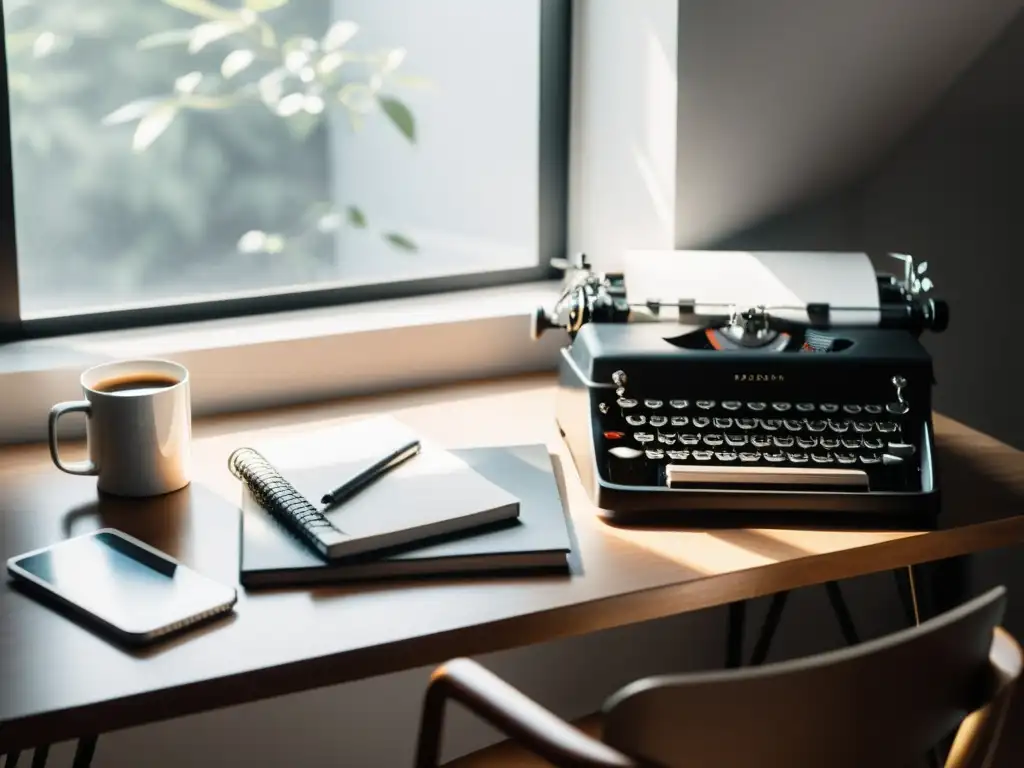 Escritorio ordenado con portátil, cuadernos, café y una máquina de escribir vintage