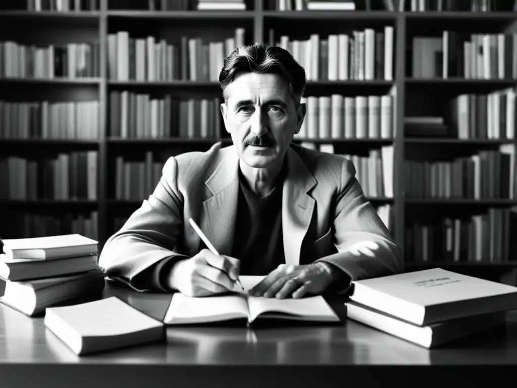 George Orwell reflexiona en su escritorio, rodeado de libros, evocando la crítica política en 1984