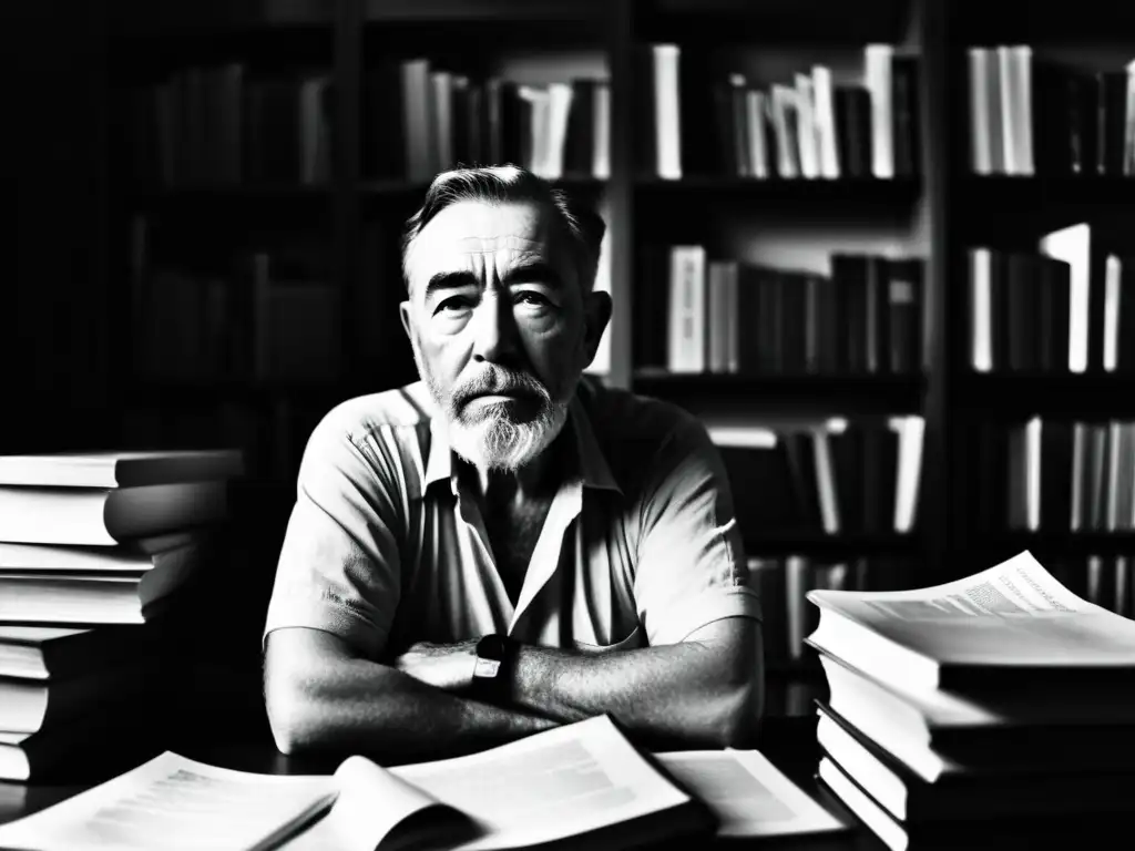 Joseph Conrad reflexiona en su escritorio, rodeado de libros y papeles en una atmósfera de introspección intelectual